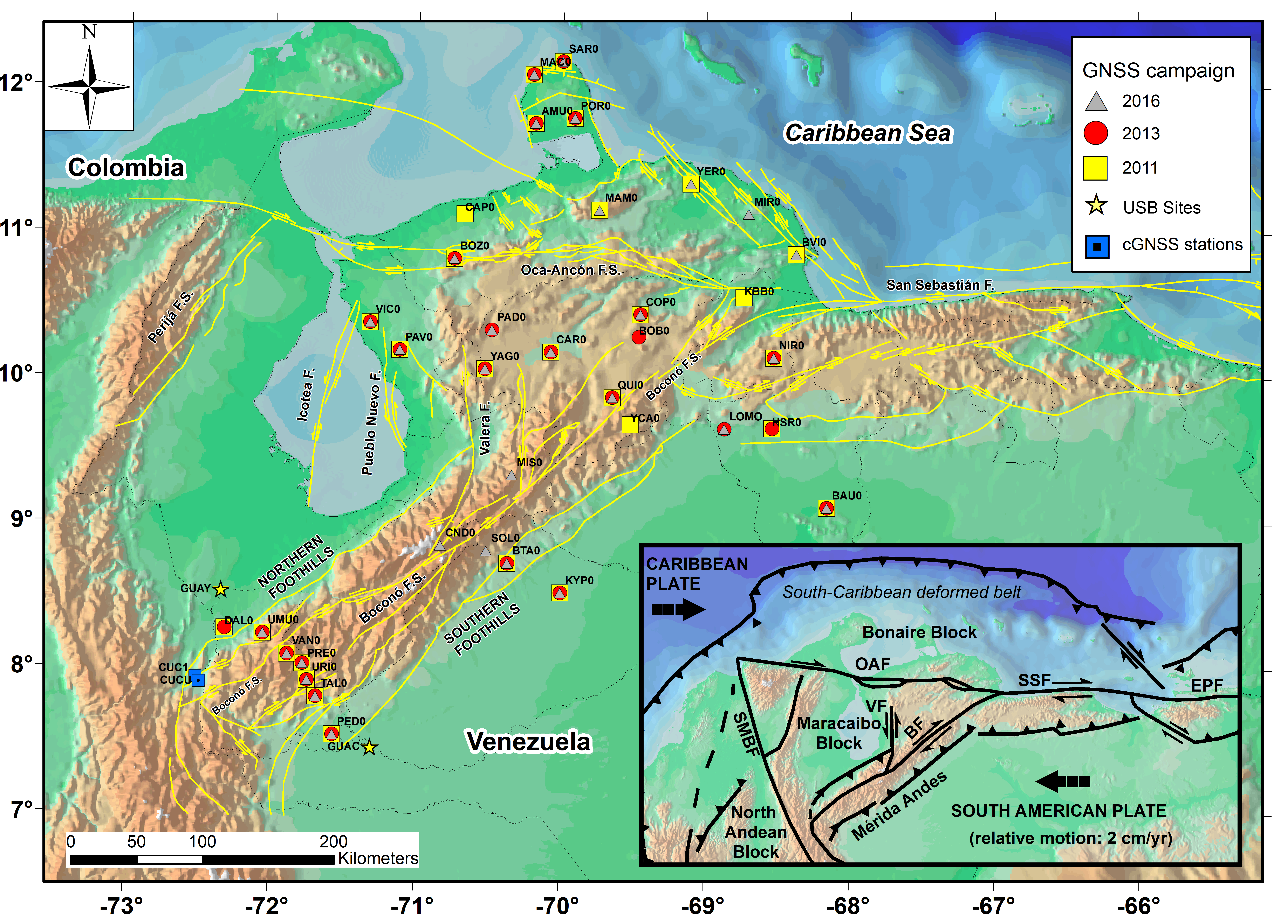 Distribution of 2011, 2013, and 2016 campaign sites, Universidad Simón Bolívar Network campaign sites (Pérez et al., 2018), and cGNSS sites in Colombia territory. The map of active faults in Venezuela is from Audemard et al. (2000). The inset box shows a schematic geodynamic map of the southeastern Caribbean margin (Audemard et al., 2000; Trenkamp et al., 2002).