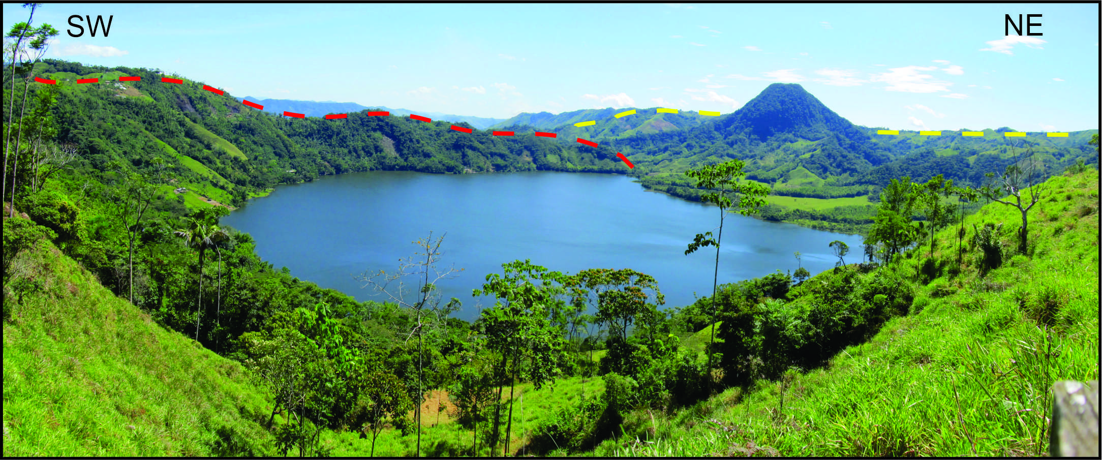 View of the volcanic structure of San Diego from the SW sector of Maar In yellow, border of the tephra ring of the NE structure; in red, edge of the tephra ring of the SW structure. Inland, the El Morro tuff cone and a crater lagoon.
