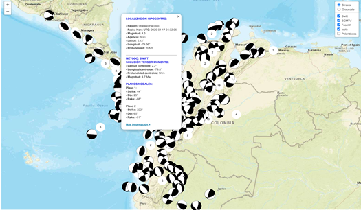 Figure 1. Focal mechanisms calculated by the SGC of earthquakes occurred between 2014 and 2021. From each focal mechanism, the user can access the detail of the moment tensor solutions for each earthquake