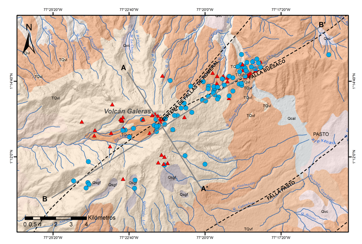 Mapa con localización epicentral e hipocentral de sismos con mecanismos focales calculados manualmente, perfiles a profundidad del VG y geología de la zona. Metadatos tomados de Murcia y Cepeda (1991)